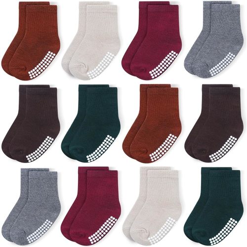 JAKIDAR Lot de 12 paires de chaussettes antidérapantes en coton pour bébé et enfant