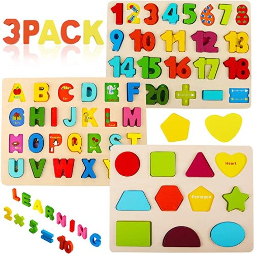 Wooden Puzzles for Toddlers, Voamuw Alphabet Number Shape Learning Puzzle for Kids Ages 3 4 5, Montessori Toys Preschool Education Gift Chunky Jigsaw for Boys and Girls