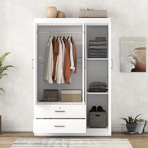 3-Door Wardrobe Closet with 2 Drawers and Top Cabinet, Modern Wood Grain Effect Armoire with Shelves and Hanging Rod for Bedroom, Storage Space Maximization (White-03U)