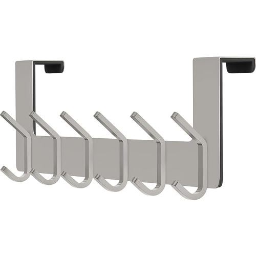 Brushed Nickel Over The Door Hooks – Heavy Duty Stainless Steel Door Hanger with 6 Double Hooks for Hanging Towels, Coats, Robes, Hats, Bags – No Drill Over Door Towel Rack for Bathroom & Bedroom