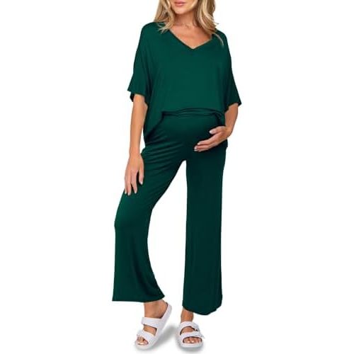 Tankaneo Womens Maternity Pajamas 2 Piece Lounge Set Soft Short Sleeve V Neck T-shirt Cropped Pants Pregnancy Loungewear