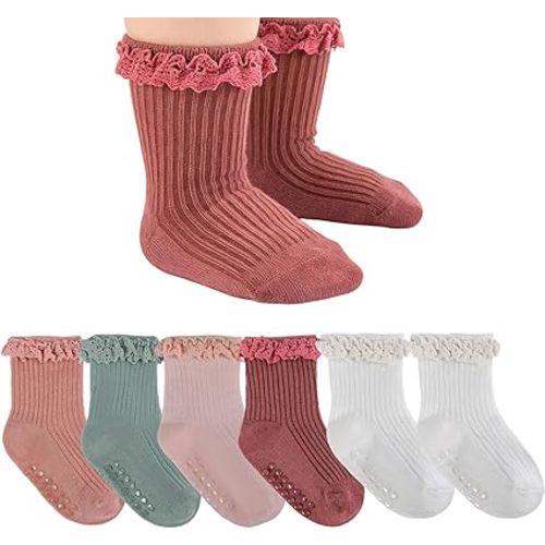 Baby Girl Infant Toddler Cute Frilly Ruffle Anti Slip Grip Ankle Socks Cotton Soft Breathable 0-3t 6 Pairs