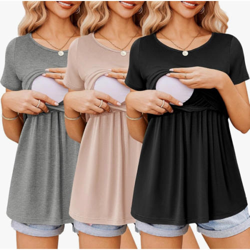 Ekouaer Womens Nursing Tops 3 Packs Short Sleeve Breastfeeding Shirts Double Layer Postpartum Shirt S-XXL
