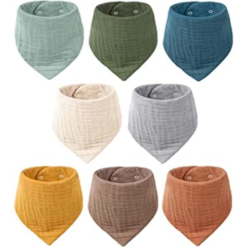 Konssy Muslin Baby Bibs 8 Pack Bandana Drool 100% Cotton for Unisex Baby, Solid Colors Set Teething and Drooling