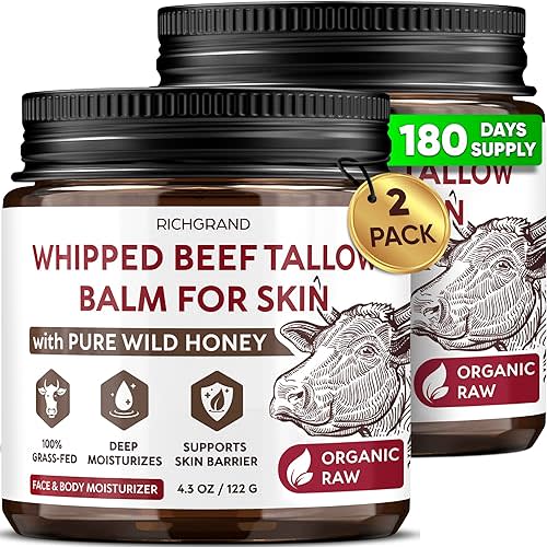 RICHGRAND Beef Tallow for Skin 2 Pack - Whipped Tallow and Honey Balm - Grass Fed Beef Tallow for Face, Daily Moisturizer & Body Butter - Natural Non Comedogenic Skincare (8.6 oz)