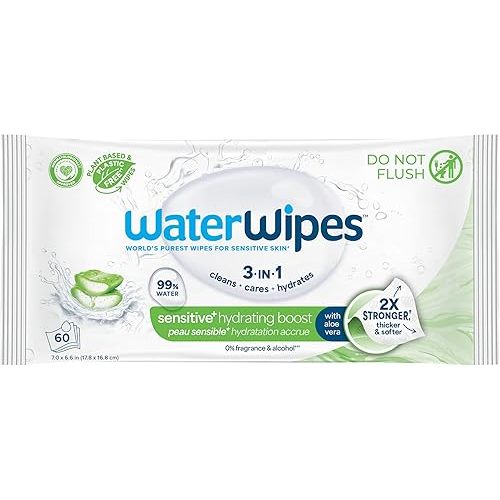 WaterWipes Sensitive+ Hydrating Boost Wipes, 3-In-1 Cleans, Cares, Hydrates, 99% Water with Aloe Vera, Unscented & Hypoallergenic Baby Wipes, 60 Count (1 Pack)