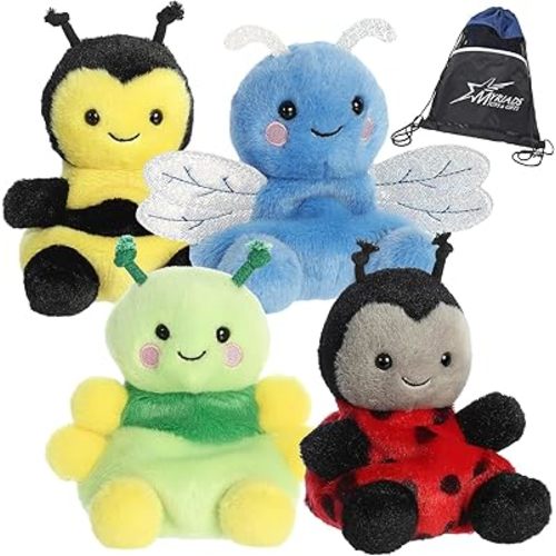 Aurora Palm Pals Plush - Bugs Bundle: Queeny Bee, Dart Dragonfly, Ivy Caterpillar, and Lil' Spots Ladybug with Exclusive Drawstring Bag