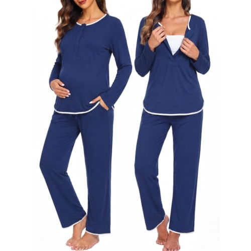 OUGES Women Cotton Maternity Pajama Sets Magnetic Button Postpartum Outfits | Modal Cotton Blend, Side Pockets, Long Pants, Relaxed Fit, 2 Piece Maternity Sets, Cozy Lounge Sleepwear, Home, Daily Rest