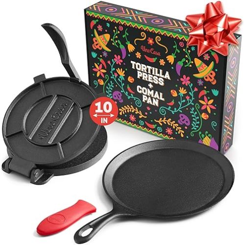 Uno Casa 10 Inch Cast Iron Tortilla Press & Comal Pan Bundle - Non-Stick, Heat-Resistant, Family Size, Gas Stovetop Compatible