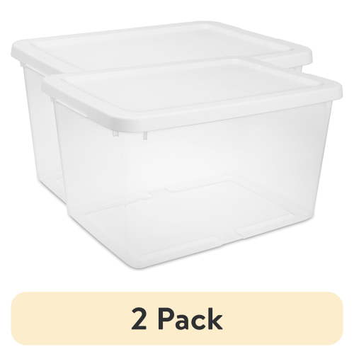 (2 pack) Sterilite 20 Quart Small Storage Bin, Clear Plastic Storage Container with Snap-On Lid, White