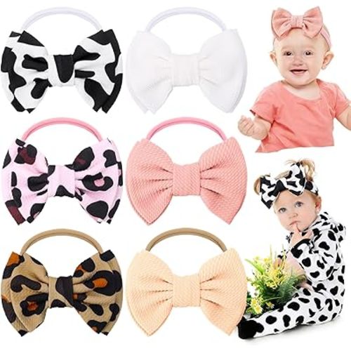 JATEBI 6 PCS Baby Girl Hair Bows Set Checkered Cow Print Bows Headbands for Girls Cowgirl Accessories Newborn Toddler Baby Outfits Cow