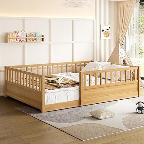 Bellemave Full Size Floor Bed with Slats and High Guardrail, Full Size Montessori Floor Bed with Fence, Easy Assemble Montessori Beds for Kids, Girls, Boys, Natural