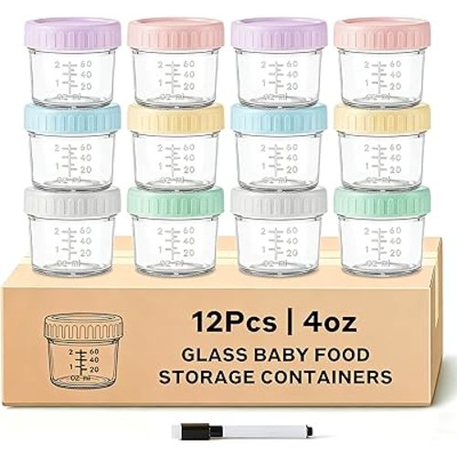 12 Pack Glass Baby Food Containers 4 oz Glass Baby Food Jars with Lids Baby Food Maker Small Baby Food Storage Containers Microwave Dishwasher Freezer Safe 100% Leak Proof BPA Free Reusable