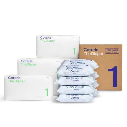 Coterie Baby Wipes + Diapers Kit, Size 1 Diapers (198 Count) & 8 Pack (448 Count) Baby Wipes with 99% Water, Plant Based Materials, Hypoallergenic for Sensitive Skin, Baby Essentials