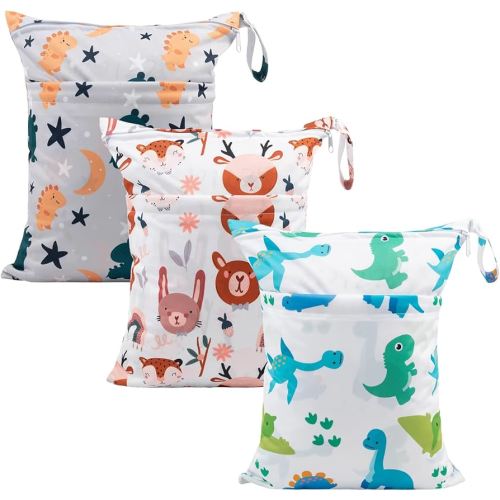 babygoal Wet Dry Bags for Baby Cloth Diapers, Washable Travel Bags, Beach, Pool, Gym Bag for Swimsuits & Wet Clothes with Two Zippered Pockets 3 Pack, 3LN23