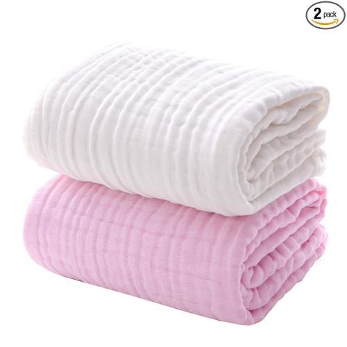 MUKIN Baby Bath Towels, Super Soft Cotton Receiving Blanket for Baby's Delicate Skin,2Pack Swaddle Blanket for Newborns Toddlers Boy Girl,Baby Registry as Shower (White+Pink)