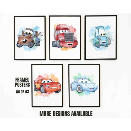 Framed Watercolor Cars Movie Poster: Kids Wall Art
