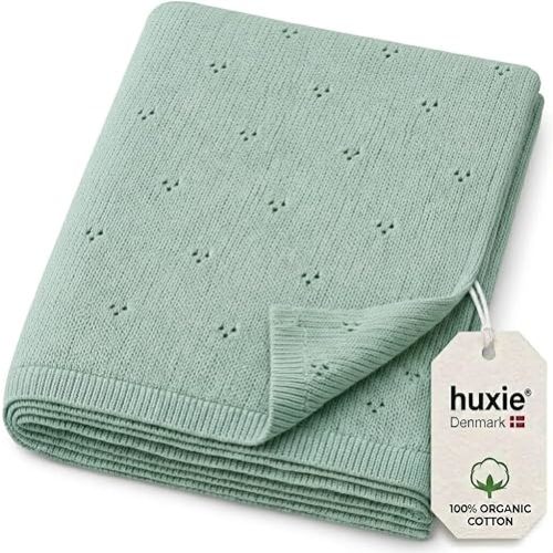Huxie 100% Organic Cotton Knit Baby Blanket for Boys - Pointelle Swaddle Blanket - 40" x 30" Soft Receiving Blanket for Newborn - Lightweight Heirloom Nursery Knit Blanket (Roman Green)