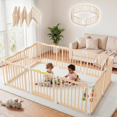 Foldable Wooden Playpen, Natural, 79 x 53 x 24 inches | Adjustable Wood Baby Play Yard with Door, Indoor Large Safety Fence for Babies and Toddlers, Easy Assembly