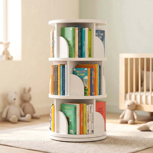 JaxShark 3-Tier 360° Rotating Bookshelf, 38.2" Kids Corner Bookcase, White