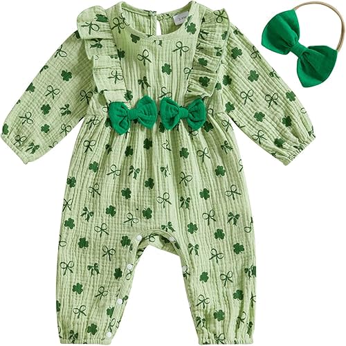 SAYOO Newborn Baby Girl St Patricks Day Outfit Clover and Bow Print Cotton Linen Romper Jumpsuit Long Bodysuit Overalls