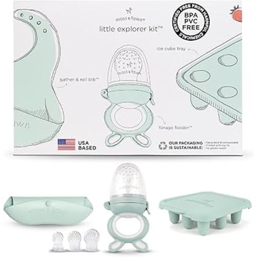 Moss and Fawn Little Explorer Kit - Silicone Frozen Breast Milk Popsicle Kit with Forage Feeder, Teething Popsicle Ice Cube Tray, & Gather & Roll Baby Feeding Bib - BPA, PVC, & Lead-Free - Fern
