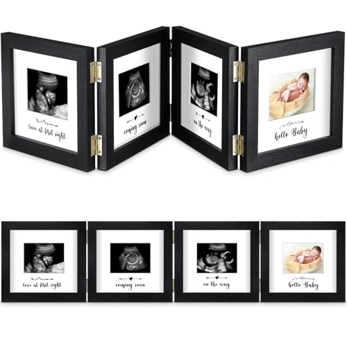 Beeveer Sonogram Picture Frame Quadruple Ultrasound Picture Frame 4 Folding Pregnancy Keepsake Photo for Pregnancy Announcements First Time to Be Dad Mom Gifts Gender Nursery Decor(Black)