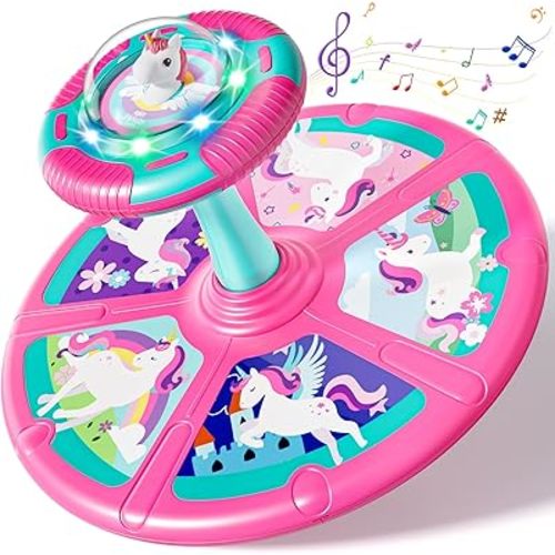 Lehoo Castle Unicorn Sit and Spin Toys for Toddlers 1-3 Girls, Toddler Sit n Spin with Lights and Music, 360°Spinning Seat for Body Balance Training, Sensory Toys Birthday Gift for Kids 2-4