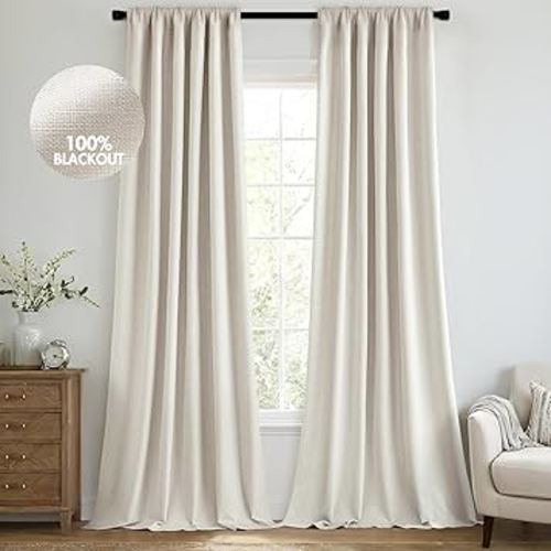 MIULEE 100% Blackout Curtains 96 Inch Long 2 Panels Set for Bedroom, Thick Faux Linen Black Out Curtain Room Darkening Back Tab Pleated Floor to Ceiling Window Drapes with Hooks for Living Room, Birch