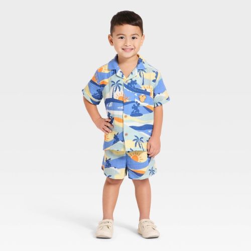 Toddler Boys' 2pc Disney Mickey Mouse Gauze Short Sleeve Button-Down Shirt & Shorts Set - 12M