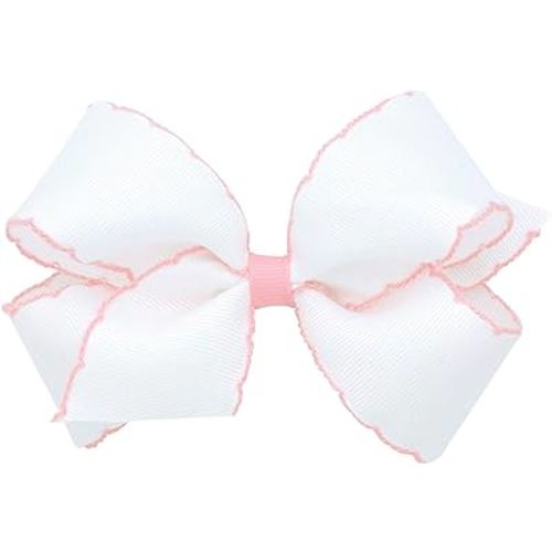 Wee Ones Girls' Classic Grosgrain Moonstitch Edge Hair Bow on a WeeStay Hair Clip, Contrasting Edge, Medium, White with Light Pink