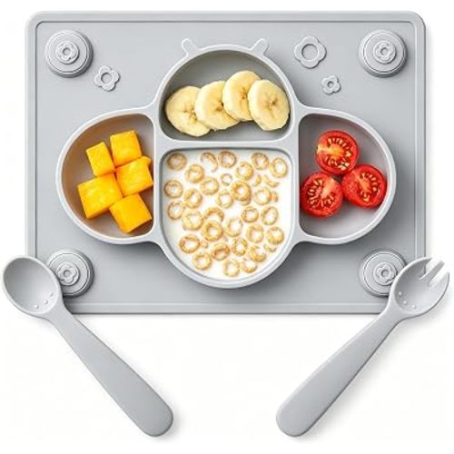 Suction Plates for Baby, Silicone Placemat with Spoon and Fork-Grey