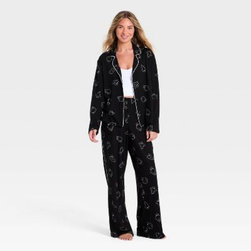 Women's Halloween Jersey Long Sleeve Notch Collar Top and Pants Pajama Set - Hyde and EEK! Boutique™ Black L
