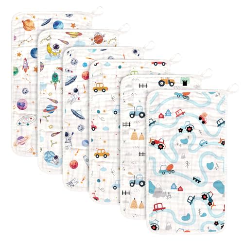 decalsweet Baby Burp Cloths Muslin Washcloths 6 Pack Muslin Burp Cloths 100% Cotton Large 20''x12'' Soft 6 Layers Baby Burp Rags for Boys Girls Baby Essentials for Newborn Gift Machine Washable