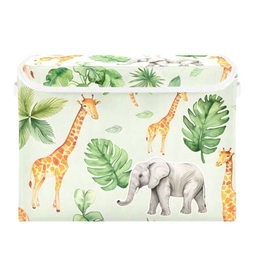 Cute Lions Elephants Giraffes Leaves Foldable Storage Bin with Lid and Handle Collapsible Storage Box 16.5 x 12.6 x 11.8 inches