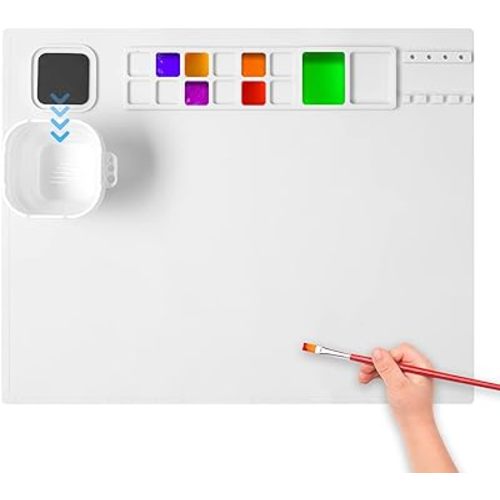 AWOKE Silicone Painting Mat - 20"X16" Silicone Art Mat with 1 Water Cup for Kids - Craft Mat has12 Color Dividers - 2 Paint Dividers (White),Toddler Activities,3 4 5 Year Old Girl Boy Birthday Gifts