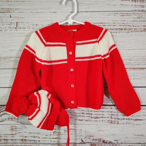 Vintage Toddler Cardigan Set Beanie Hat / Knit Sweater / Retro Baby Sweater / Stripe White Red / 24M 24 Months 2T