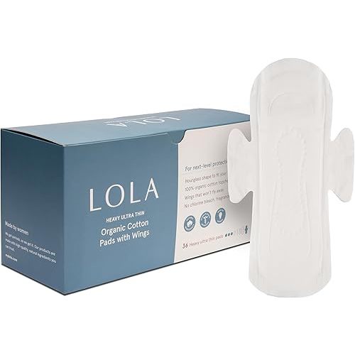 LOLA Organic Cotton Pads, 36 Count - Ultra Thin Pad with Wings, Cotton Organic Pads for Women, HSA FSA Approved Products Feminine Care, Heavy