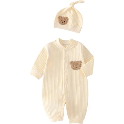 Baby Boys Girls Clothes with Hat, 100% Cotton Long Sleeve Ribbed Knit Button Infant Baby Romper Outfit