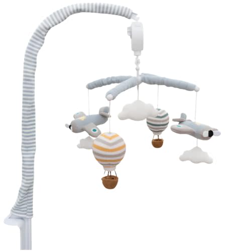Living Textiles Up & Away Baby Crib Mobile for Boys Nursery Musical Décor | Sky Hot Air Balloon, Clouds, Planes, Calming Music Soother with 12 Lullabies, Gift for Newborn, Infant, Boy, Girl, Shower