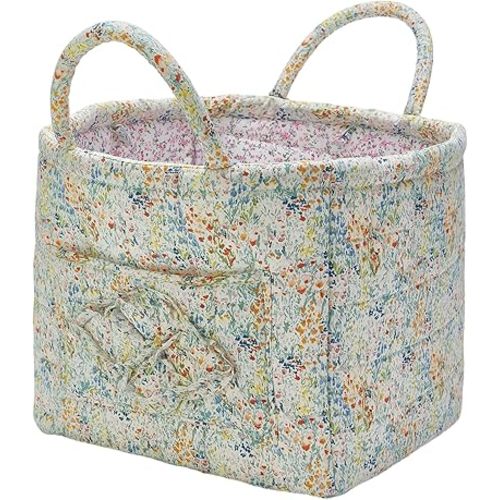 Quilted Fabric Storage Basket with Handles & Pocket, Foldable Laundry Hamper Boho Floral Print Organizer Bin for Home, Picnic, Office 12"x10"x10" (A-3)