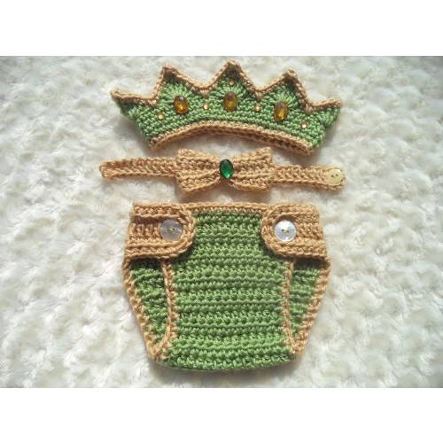 Crochet Baby King Crown, Crochet Diaper Cover Set, Crochet Prince Outfit, Baby Shower Gift, Newborn Kind Set, Costume, Green,Gold