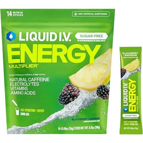 Liquid I.V.® Hydration Multiplier Sugar-Free + Energy - Blackberry Lemonade | Electrolyte Powder Drink Mix | 1 Pack (14 Servings)