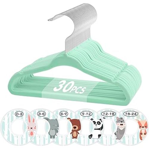 VIS'V Baby Hangers, 11 Inch Velvet Kids Hangers with 6 Pcs Clothes Size Dividers, Infant Toddler Nursery Closet Organization, Non Slip, Mint Green, 30 Pcs