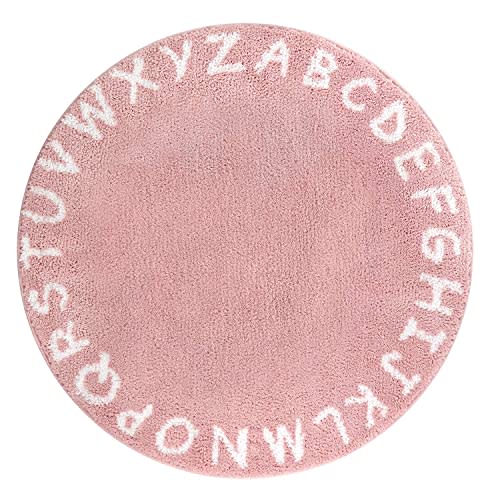 Lahome ABC Pink Round Rug for Girls Bedroom - 3ft Washable Small Classroom Rug Non Slip Alphabet Rug, Circle Nursery Rug for Kids Room, Cute Furry Plush Shaggy Crawling Play Mat for Children Toddlers