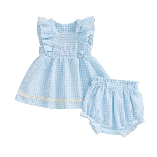 Seyurigaoka Smocked Baby Girl Clothes Gingham Ruffle Sleeveless Hem Top Bloomer Shorts Clothing Sets Summer Outfit