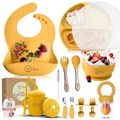 O'doe 17-Piece BPA-Free Silicone Baby Feeding Set | Thick & Soft Suction Plates, Baby Bowls, Wooden Fork & Spoon, and More | Make Mealtime Fun and Easy for Your Little One (Yellow, V2)
