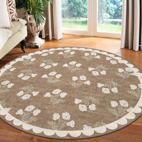 Tan Entryway Round Rug 4ft - Boho Floral Round Area Rug for Bedroom