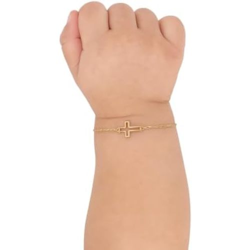 14K Solid Gold Baby Cross Bracelet – Sideways Adjustable in Hollow or Solid – Religious Gift for Baptism, Infant, Teen, Boys & Girls