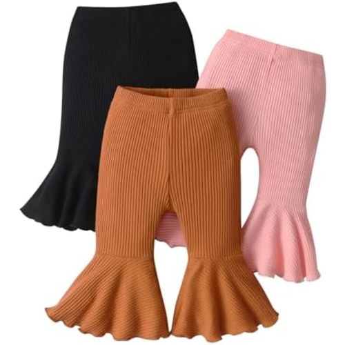 3 Pack Infant Baby Girl Solid Color Flare Pants Ribbed Bell-Bottoms Leggings